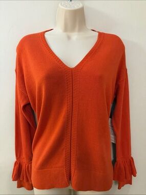 Ost Women’s Classic V-Neck Sweater in Autumn Orange with Ruffle Cuffs Size Small